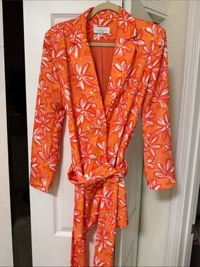L'Academie Orange Floral Wrap Blazer Dress with White Accents
